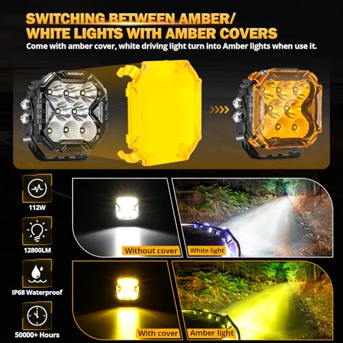 Image of Auxbeam Cube-Z Series 4 inch Led Pods Lights with Amber Covers, 112W 12800LM Flood Spot Combo Offroad Driving Lights with DRL Turn Signal, Cube Ditch Light with DT Wiring Harness for Jeep ATV UTV, Pair