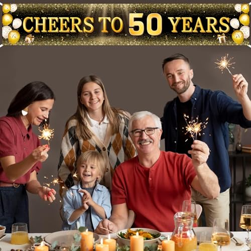 Image of TZSS Black & Gold 50th Birthday Banner Decorations - Extra Large 118 inchx20 inch Reusable Yard Sign for Women & Men, Over The Hill Party Decor Indoor Outdoor, 50 and Fabulous Happy 50th