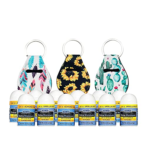 12 Pieces Mini Lip Balm Comes With 3 Lip Balm Holder | Assorted SPF15 Extra Moisture Vanilla Mint And Almond Swirl Flavored Lip Balm - 12 Flavored Lip Balm x 0.10oz (3g) with 3 Lip Balm Keychain (3.23 inches)
