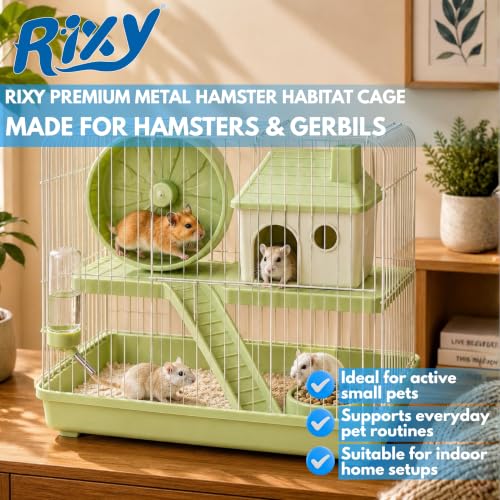 Image of Rixy Metal Hamster Cage (Colour May Vary) | Habitat Cage with Free Bath Sand (200 g) + Exercise Wheel (1) + House (1) + Slide (1) + Food Cup (1) + Water Bottle (1) for Hamsters, Gerbils & Small Pets