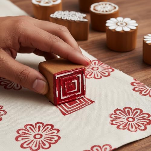 Image of RENIQ Wooden Printing Block for Fabric & DIY Craft | Handcrafted Indian Design Stamp for Textile, Pottery, Mehndi & Home Decor (Multicolor25)