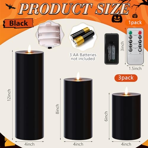 Image of Retisee 3 Pcs Halloween 6 /8 /12 Inches Black Flameless LED Candles with Remote and 2 /4 /8h Timer Battery Operated Electric Wax Flickering Pillar Candles for Halloween Parties, Haunted House Displays
