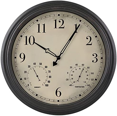 Yumt 16 inch Retro Wall Clock, Display Thermometer and Hygrometer Outdoor Waterproof Wall Clock, Non-Ticking Decorative Clock with Battery Operated