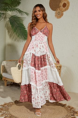Image of Women Floral Maxi Dress Spaghetti Straps V Neck Lace Patchwork Flowy Tiered Boho Beach Sundress Long Dresses