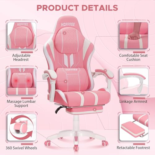 HOFFREE Gaming Chair with Massage Big and Tall Game Chairs with Footrest Computer Gaming Chair for Adults 400lb for Heavy People Pink and White - Image 5