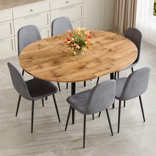 Image of Wood Dining Table Set for 6, 42 inch-54 inch Round to Oval Extendable Table with 6 Linen Fabric Chairs, Space-Saving Contemporary Dining Room Table Set for Small Apartments or Kitchens, Easy Assembly