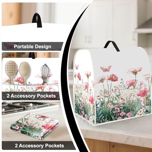 Image of Kitchen Dust Cover Compatible with 4.5 5 6 8 quart Stand Mixer, Kitchen Appliance Protective Covers with Top Handle and Pocket (Pink Wildflower Meadow, For All 6-8 qt Mixer)