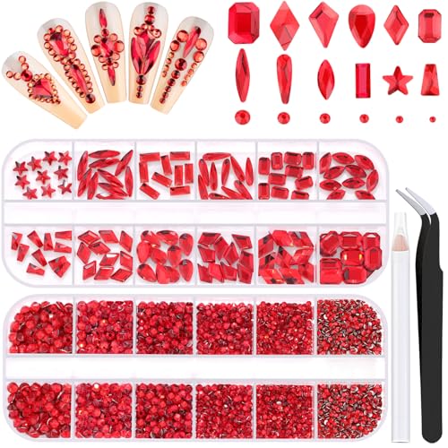 3220Pcs Red Glass Nail Rhinestones 120Pcs Multi Shapes Flatback Gems Crystal + 3100Pcs 1.5-4mm Round Beads Manicure Diomand Jewelry Gemstones for Nail Design Makeup Acrylic Nails Decoration