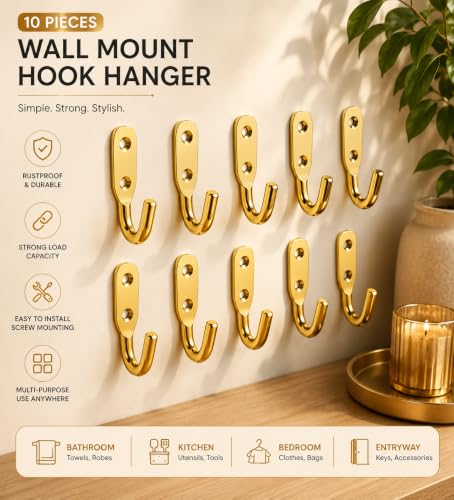 Image of iSTAR Stainless Steel Unbreakable J Type Hook Bathroom Hooks Cloth Hanger Wall Hook Door Robe Hooks for Hanging Keys,Clothes (Gold-Pack of 10)