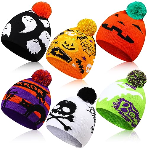 Mumufy 6 Pcs Halloween Beanie Hats Ghost Pattern Hats Warm Stretch Winter Knit Hat for Men Women...