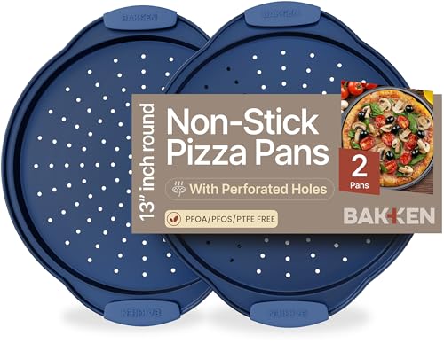 Bakken Pizza Baking Pan - Round Perforated Carbon Steel Pan with Non-Stick Marble Coating, Oversized Silicone Handle, Dishwasher Safe, High-Temperature Resistant, Durable & Easy Cleanup Blue, 2 Pack