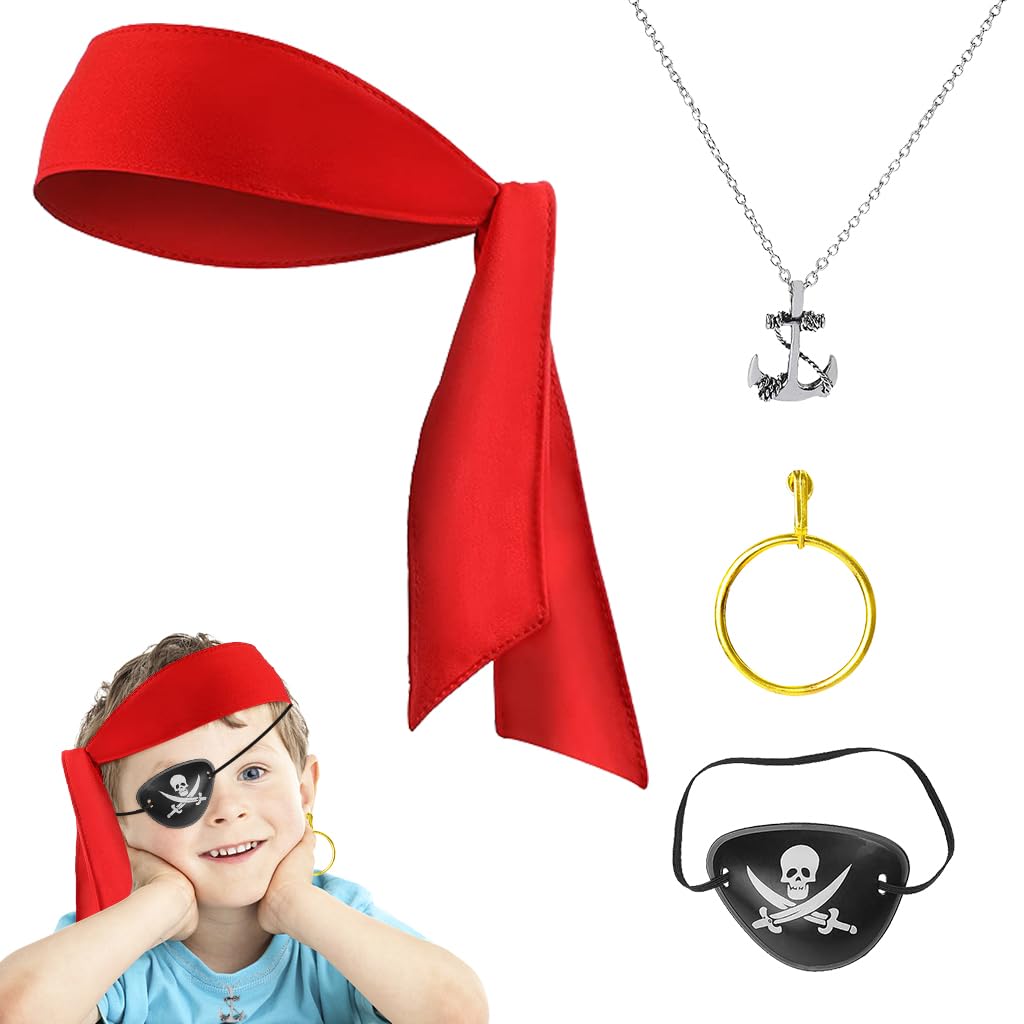 PATPATPATPAT® 4Pcs Pirates of The Caribbean Accessories, Jack Sparrow  Costume Accessories with Pirate Head Scarf Hat Pirate Eye Patch Necklace  Earring