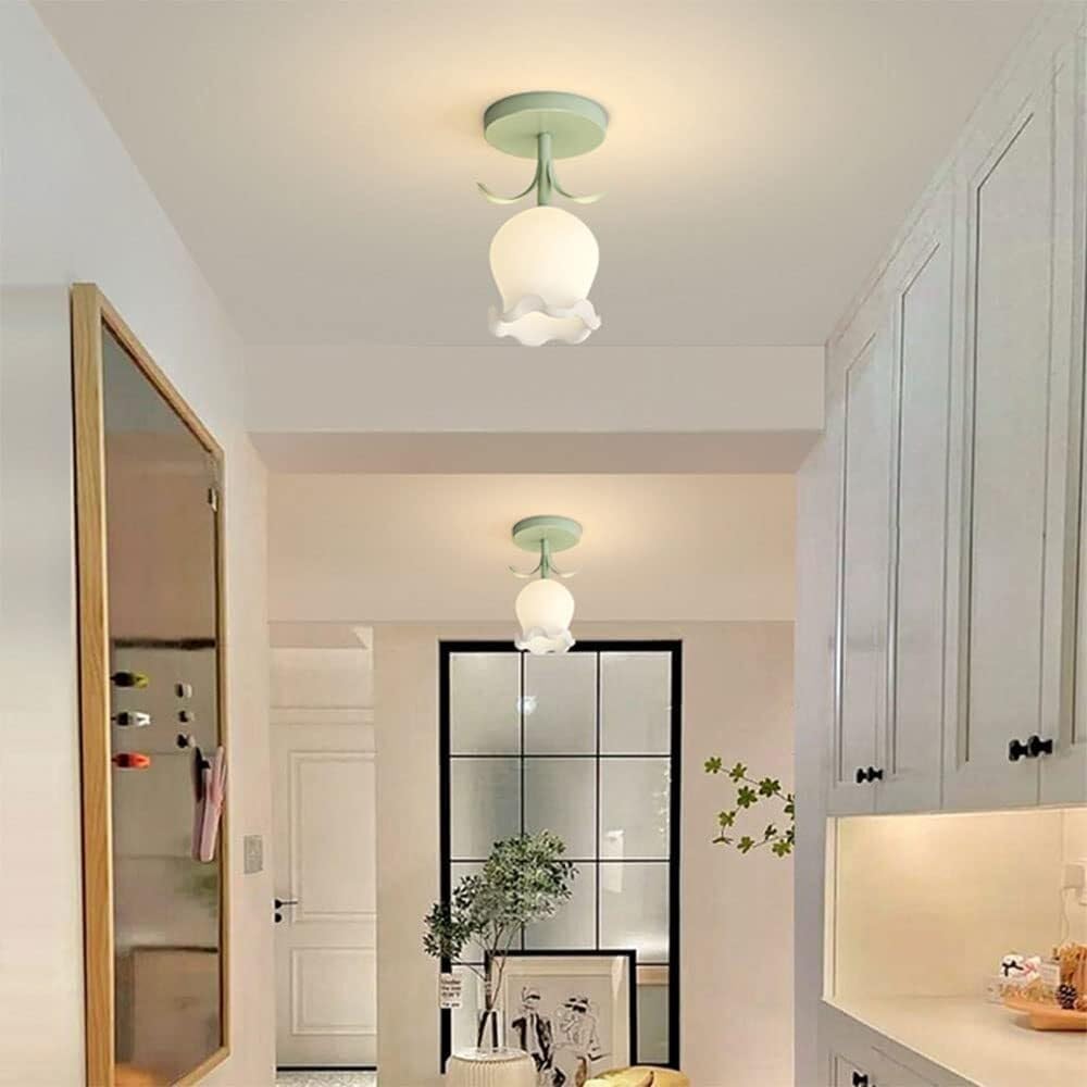 SWEMOPP Rose Flower Flush Mount Ceiling Light With Milk Glass Teen Ceiling Lights For Bedroom Girls Floral Pink Ceiling Light French Cottage Lighting Fixture For Hallway Kitchen Entryway Porch Farmhou
