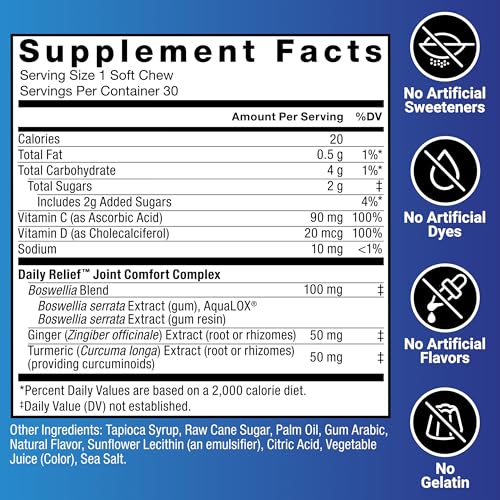 Image of Force Factor Daily Relief Joint Support, Drug-Free Joint Formula with Boswellia, Turmeric, Ginger, Vitamin C and D for Mobility, Flexibility, and Cartilage Health, Tropical Berry, 30 Soft Chews