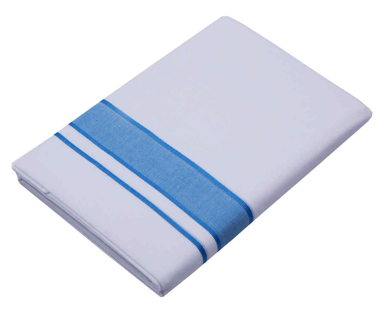 KITEX Men Samrat Plus White Cotton Kara Dhoti Kerala Munde Pure Cotton Dhoti -Temple Wear Dhoti Sky Blue Colour Border