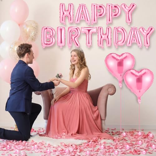 Image of Pink Happy Birthday Balloons Decorations Happy Birthday Letter Balloons Banner Set with 24pcs Heart Flameless LED Candles and 2000pcs Artificial Rose Petals for Women Men Room Party Decor