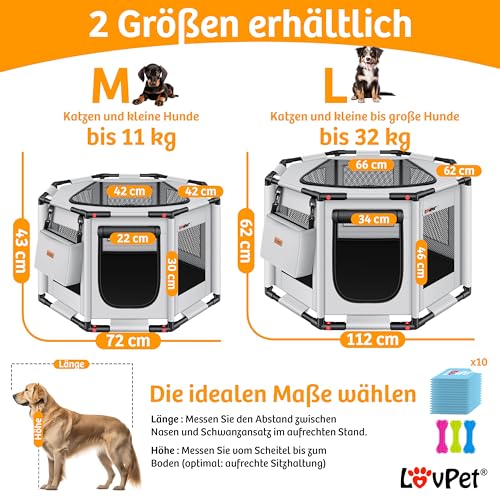 LOVPET® Welpenlaufstall drinnen draußen Welpenauslauf Hunde-Käfig Oxford-Gewebe Tier-Laufstall Kleintier Katzen Freigehege Rahmen PVC-Rohr mit Tasche, 3X Kauknochen & 10 Pad, M 72x72x43cm, Grau