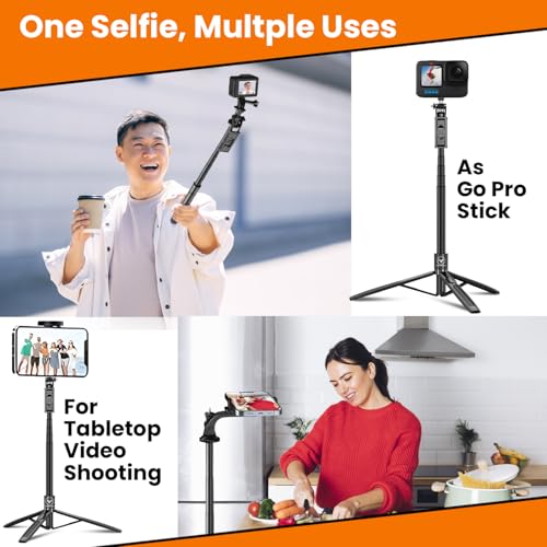 Image of Long Selfie Stick Tripod for Mobile | 62 inch Extendable Aluminum Tripod Stand with Bluetooth Remote | 360 Rotation | Vlogging for iPhone & Android | Travel Selfie Stick | Ring Light Mount