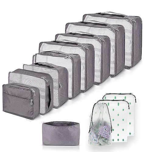 Große Koffer Organizer Set 12-teilig, Wasserdichte Packwürfel, Travel Organizer zum Gepäckpacken, Familienreisen, Aufbewahrung zu Hause Grau