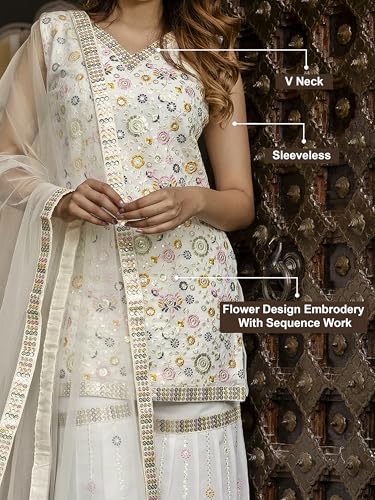 Image of TRENDMALLS Women's Georgette Embroidery Sequence Work Kurta Sharara Set with Dupatta Salwar Suit Set For Women