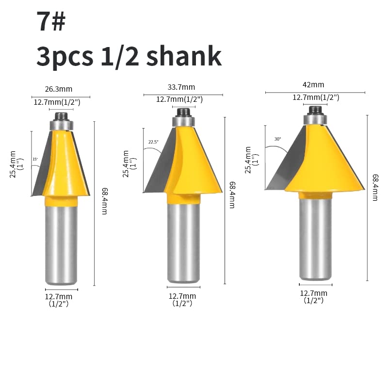 Frezy do formowania krawędzi z fazą, 3 szt. 12 mm,7 trzpień Różne rozmiary 15-30 stopni Frez fazowany do frezarki czołowej drewna(3pcs 12.7 shank)