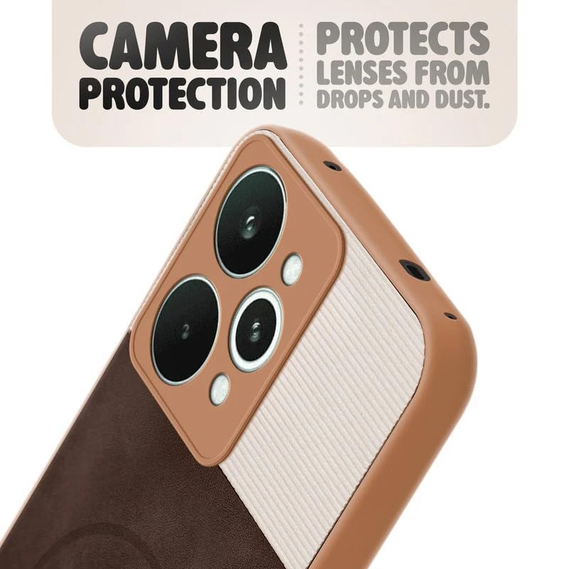 Image of Bintage case Dual-Leather Macc-Safe Design Phone Case| Soft Touch Finish | Full Camera Protectection Back Cover Compatible for Realme RMX5106 /Realme 15 5G - White & Choco Brown
