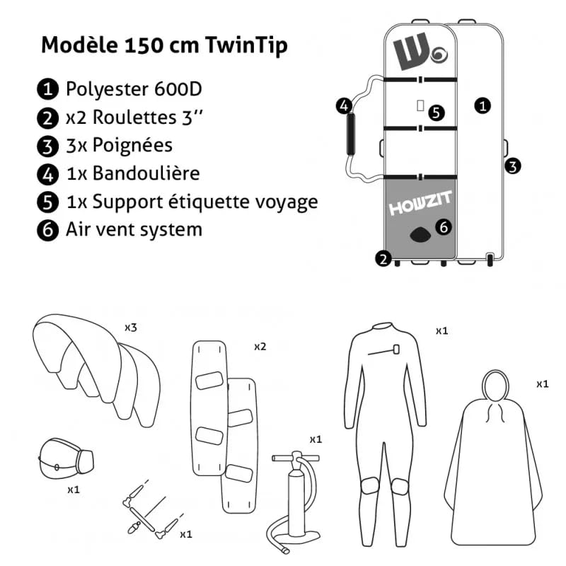 Boardbag Kitesurf à roulettes Professionnel – Protection 10mm Anti-Choc – Howzit 150cm – Capacité Quiver Complet (2 Planches + 3 Ailes) –Idéal Voyage Avion