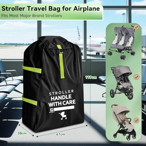 Image of Large Stroller Bag for Airplane: 47 inchH x 24 inchW x 15 inchD Travel Stroller Cover | Stroller Travel Bag with Shoulder Handle, Baby Air Travel Essentials Fit Most Large Double Jogging Stroller Chicco Graco