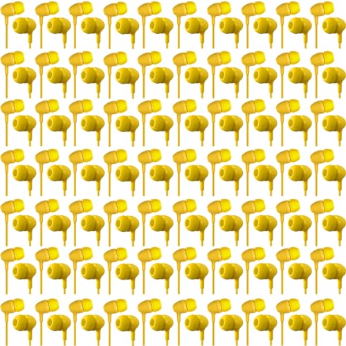 Image of Macarrie 200 Pack Earbuds Bulk Earphones 3.5 mm Classroom Headphones for Adult Assorted Colors Earbud Wired Earphone Without Mic for Adult Office Home Individually Bagged(Yellow)