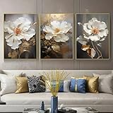 KEMEIQI 3-teiliges abstraktes florales Leinwandbild, goldene und weiße Blumengemälde, moderne Dekoration für Schlafzimmer, Büro, Wohnzimmer (70 x 110 cm x 3/rahmenlos)