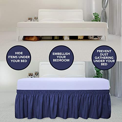 PureFit Wrap Around Ruffled Bed Skirt with Adjustable Elastic Belt - 14 Inch Drop Easy to Put On, Wrinkle Free Bedskirt Dust Ruffles, Bed Frame Cover for Twin,Twin XL and Full Size Beds, Navy