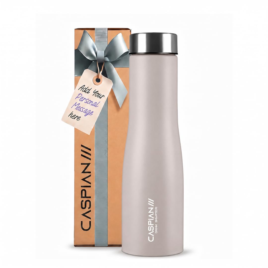 CASPIAN /// Aqua Customised Stainless Steel Water Bottle 1L,Beige with Logo Print - Personalised Water Bottle with Your Name Print for Kids Boys Girls School Office Gym- Perfect for Corporate Gifting