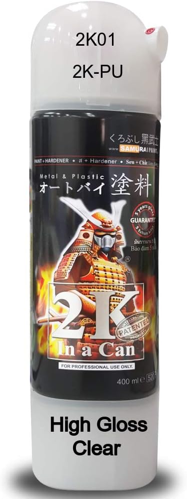 Samurai Kurobushi Spray Paint 2K #2K01H- PU TOP COAT CLEAR HIGH GLOSS (D-I-Y Do It Yourself)- 400ml, Transparent Glossy Finish