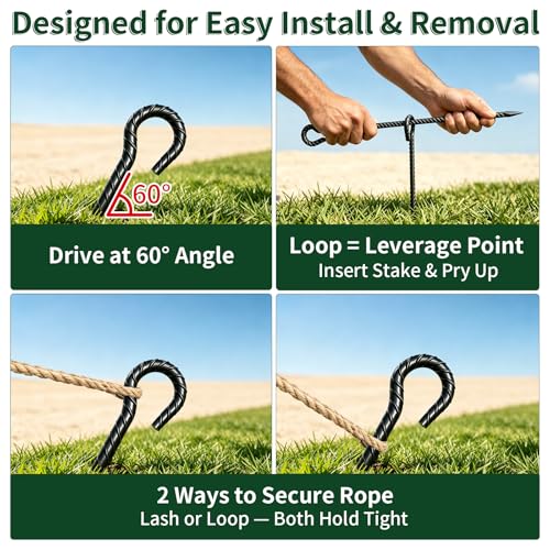 EUOKOK 16 Inch Rebar Stakes 1/2" Diameter 12 Pack, Heavy Duty Tent Stakes with Loop, Ground Anchors for Camping Canopy, Tent, Trampoline, Garden Tree Support, Holiday Decor, Dog Tie Out, Black by EUOKOK - Image 6