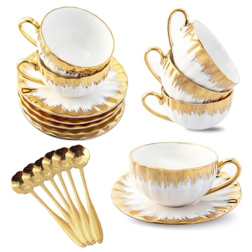 CHANJOON Set von 6 Teetassen Tee Tablett Teelöffel, 6 oz Keramik Kaffeebecher Set mit galvanischen Goldrand und Geschenk-Box, Kaffeebecher, weißer Tee Becher Set, (gold color, medium)