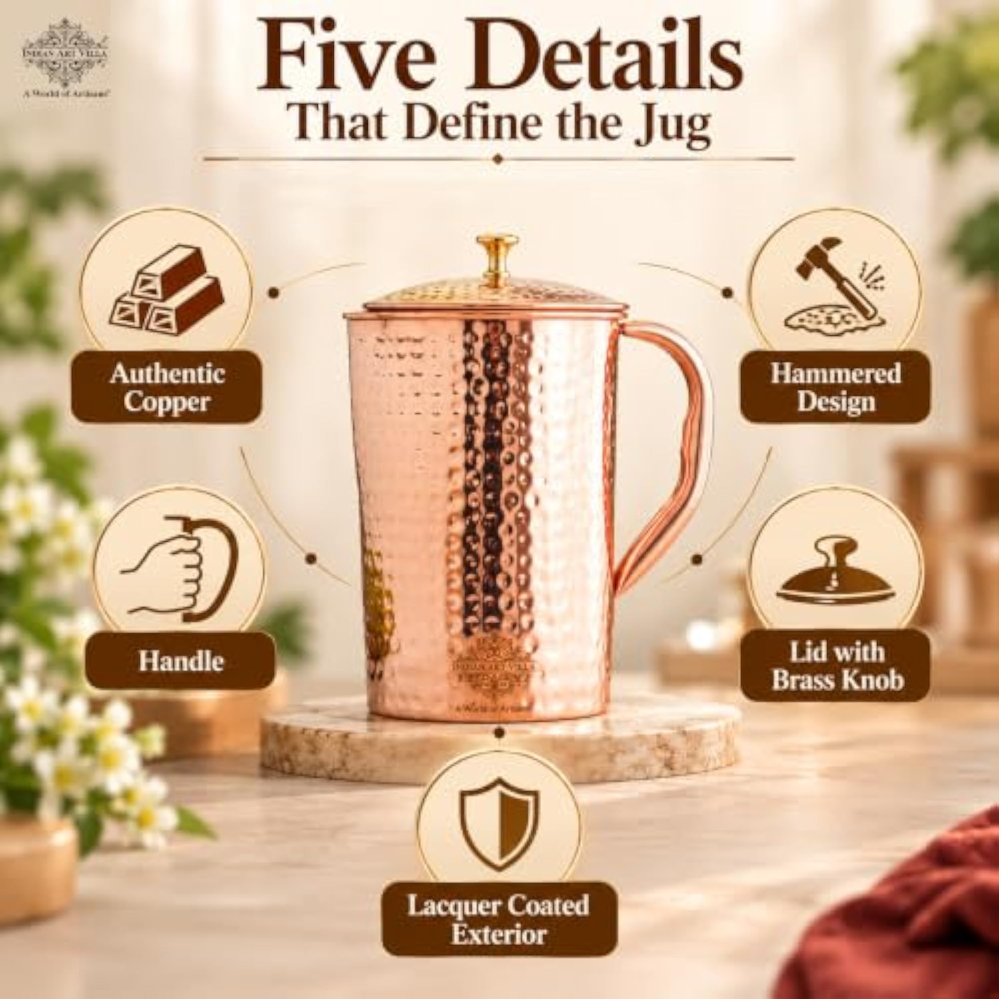 IndianArtVilla Pure Copper Jug Pitcher, Hammered Design, 1 LTR