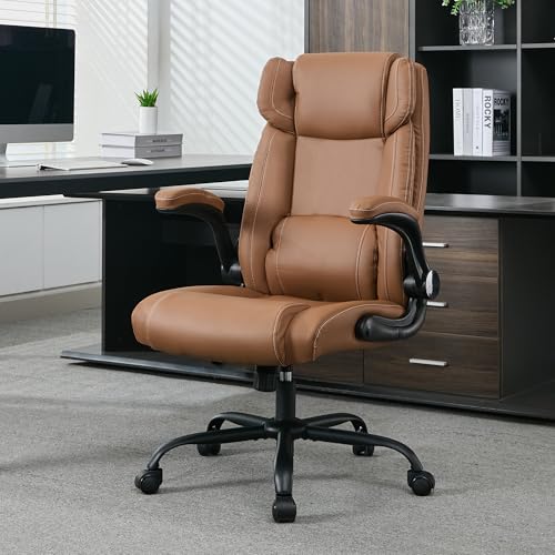 BOWTHY Office Desk Chair, Mid Back Executive Leather Chair,Ergonomic Home Office Desk Chairs, Comfy Computer Desk Chairs with Adjustable Flip-Up Arms and Rocking Function (Brown)