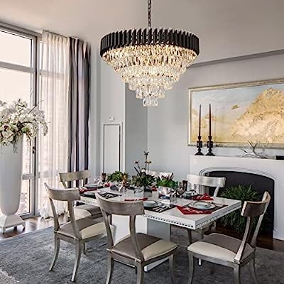 Image of Modern Crystal 800mm Chandelier Black and Gold Chandelier Round Chandeliers Pendant Ceiling Light Fixture Flush Mount Chandelier for Dining Room Living Room Bedroom Foyer Hallway Entryway