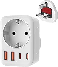 Travel Adaptor UK Adapter England Germany Plug with 1 AC & 2 USB-C & 2 USB-A (3.4A), Travel Plug Type G Socket UK to DE EU Socket Adapter for England, Ireland, Malta, Maldives, Sri Lanka etc