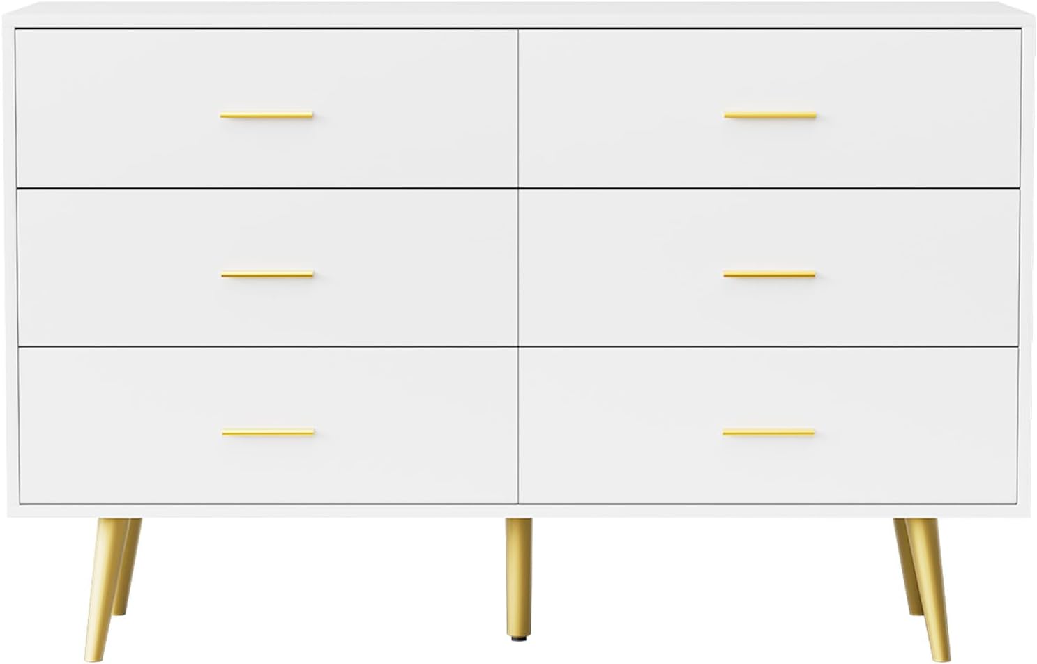 LYNSOM White Dresser for Bedroom, 6 Drawer Dresser with Gold Handle, Modern Chest of Drawers Organizer Storage for Hallyway, Entryway