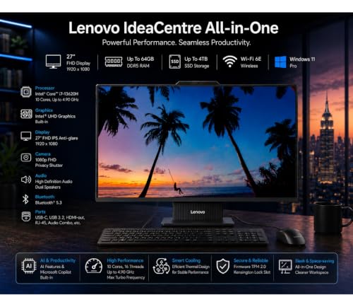 Image of Lenovo IdeaCentre Business Computer All-in-One PC, 27 inch FHD Display, Intel Core i7-13620H(10 Cores, Up to 4.9GHz), 32GB DDR5 RAM, 1TB SSD, Wi-Fi 6E, AI & Microsoft Copilot, Windows 11 Pro