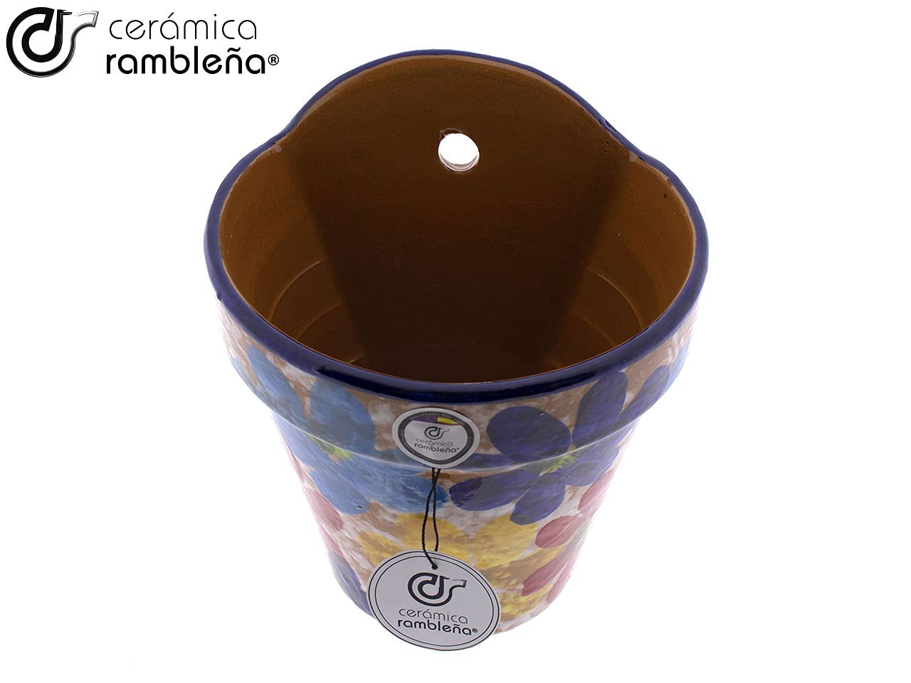 CERÁMICA RAMBLEÑA | Maceta Colgante Pileta | Maceta de Barro para Colgar | Maceta Pared Patios de Córdoba Primavera | 100% Decorada a Mano | 19x17x21 cm