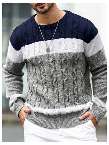 Men's Color Block Cable Knit Sweater Crew Neck Long Sleeve Pullover Knit Tops4