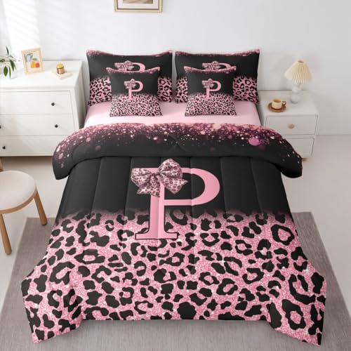 Image of Feelyou Bow Initial Letter P Comforter Set with Sheets 7 Piece King Size Glitter Leopard Print Bedding Set for Kids Boys Girls Girly Bow Bed in a Bag Room Decor Soft Lightweight Microfiber