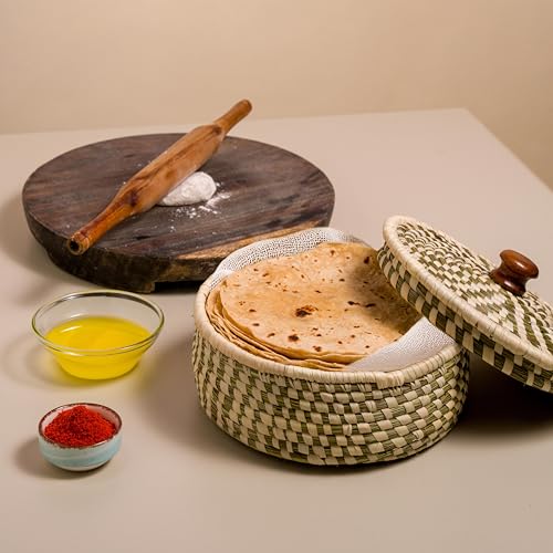 Image of Handmade Sabai Grass Box for Roti /chapati /Dry Fruits |Organiser, Storage Box | Container for Serving on Dining Table| Kitchen Decor Cum Utility| Size : 21L x 21W x 8H CM (Green)