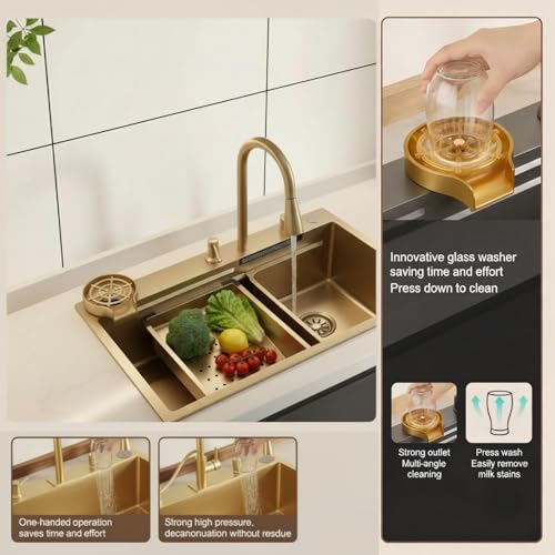 Image of Wallace 304 Grade Gold Single Bowl Multifunction Kitchen Sink 30 x 18 x 10 Inch | Stainless Steel Workstation Sink with Integrated Waterfall Cup Washer Drain Basket RO Tap & Pull Down Faucet