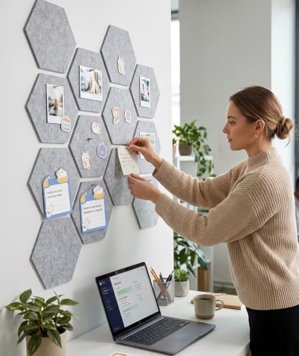 Image of 7Pcs Bulletin Board, Pin Board for Home Office Organization, Grey Felt Tiles with Random Stickers