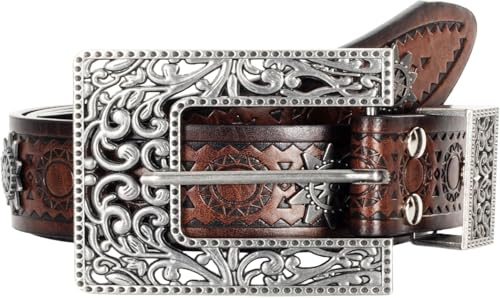 Women Vintage Western-Cowgirl-Leather Waist Belt with Big Floral Carved Buckle Adjustable for Jeans Pants Dresses2