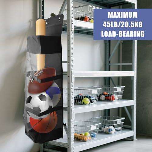 Über der Tür hängender Sportgeräte-Organizer, große hängende Sporttasche mit 2 Metallhaken, an der Wand hängender Ballhalter zur Aufbewahrung von Basketball, Fußball, Volleyball und Tennis (Schwarz)