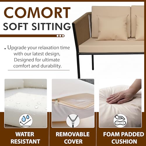 Image of OUTLIVING Braid & Rope 4 Seater Garden Patio Seating Chair and Table Set Outdoor Balcony Garden Coffee Table Set Furniture with 1 Table and 4 Chairs Set with Cushion (Beige)